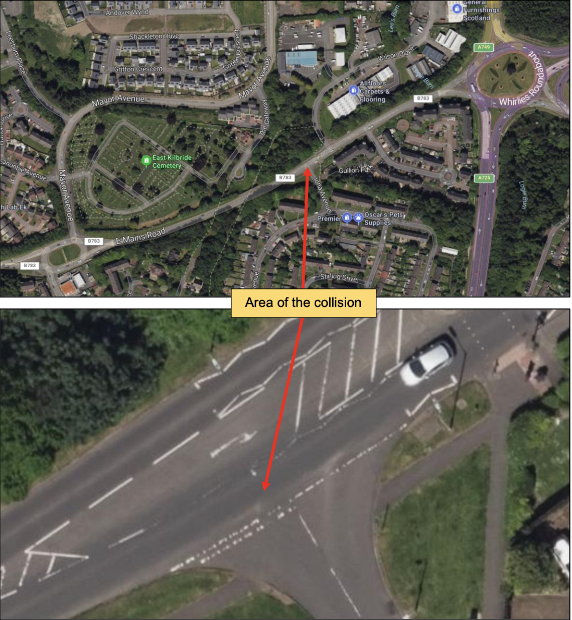 Map of collision locus. Iona Avenue junction onto East Mains Road.