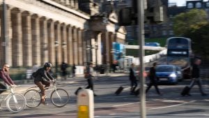 Cyclists at bottom of the mound in Edinburgh